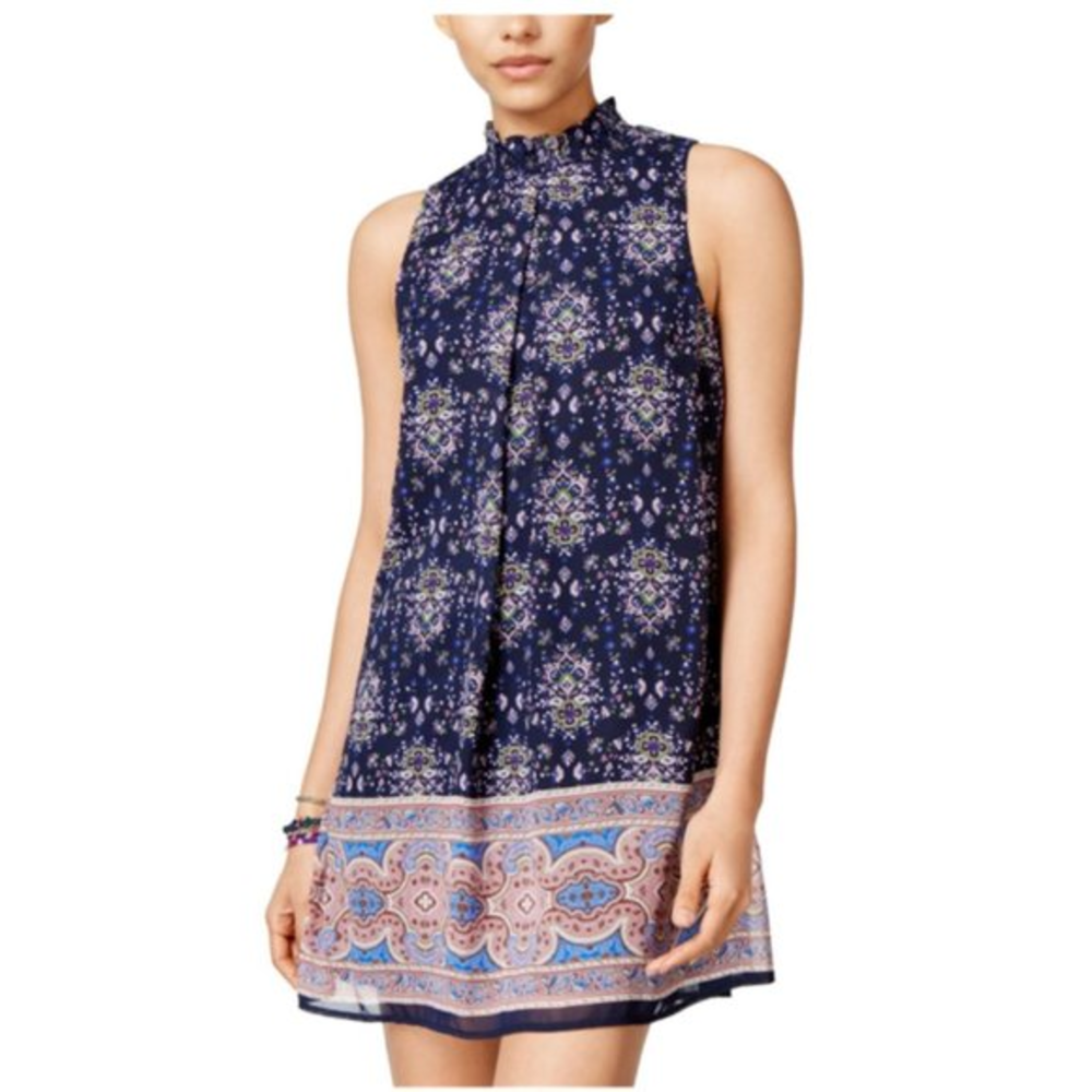 Speechless Floral Shift Dress Navy Sleeveless High Neck Medium Lined‎ Polyester